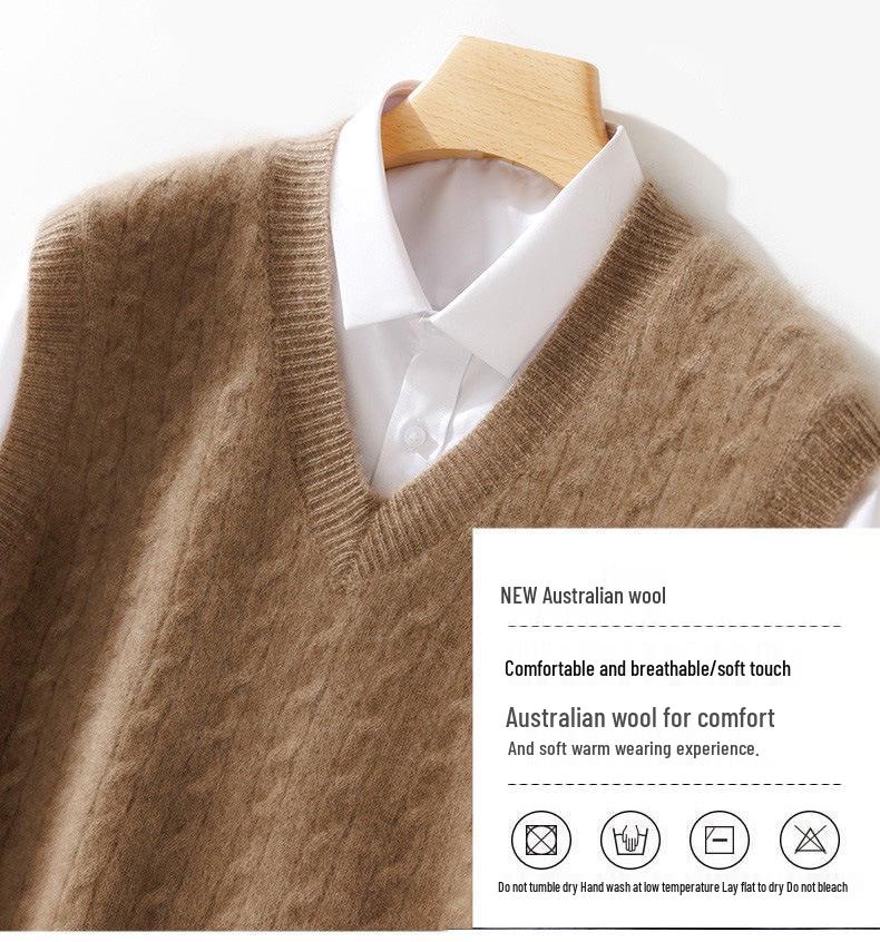 Men's Wool V-neck Sleeveless Cashmere Knit Vest - Business Formal, Loose Fit, Autumn/Winter Style