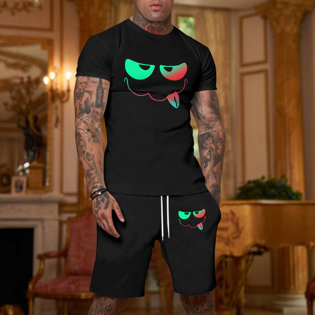 Herren Plus Size Lockere Passform Kurzarm T-Shirt und Shorts Set Lässiges Zweiteiliges Outfit mit Aufdruck Bequeme Passform