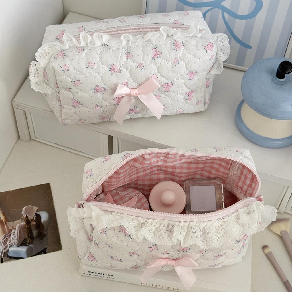 Cute Pink Striped Lace Makeup Pouch Aesthetic Ins Style Makeup Bag for Girls Teens Cosmetic Organizer Kawaii Pencil Case