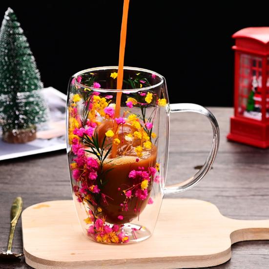 Double Wall Glass Mug with Flower Glitter Inside 450ml Large Capacity Heat & Cold Resistant Transparent Mug Creative Breakfast Coffee Cup