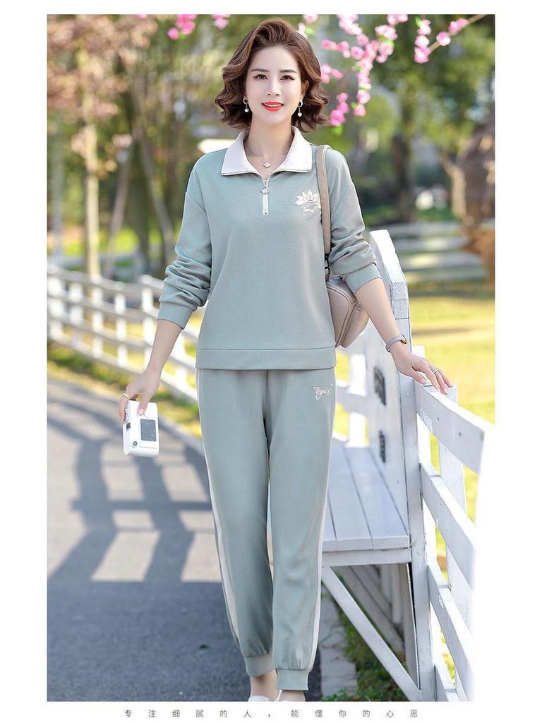 Freizeit-Sportbekleidung für Damen für Frühling & Herbst: Stilvolles, lockeres Zweiteiler-Set mit langen Ärmeln für die mittlere und ältere Generation