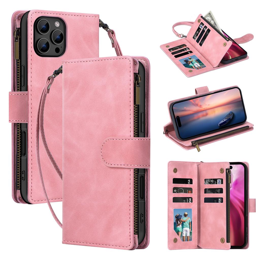 For iPhone 16 Pro Max Case Zipper Multi-Pocket Wallet Leather Phone Cover with Shoulder and Wrist Straps