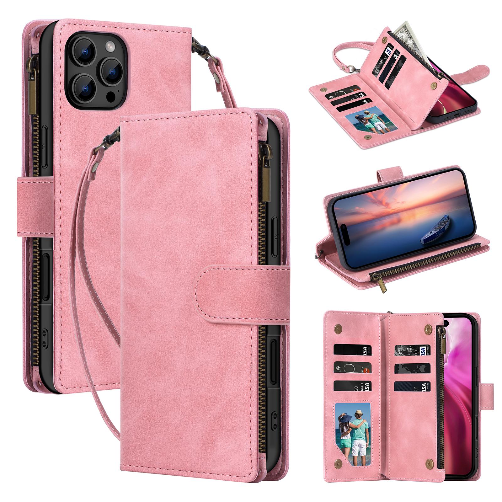 

For iPhone 16 Pro Max Wallet Phone Stand Case Zipper Pocket PU Leather Phone Shell with Strap Pink