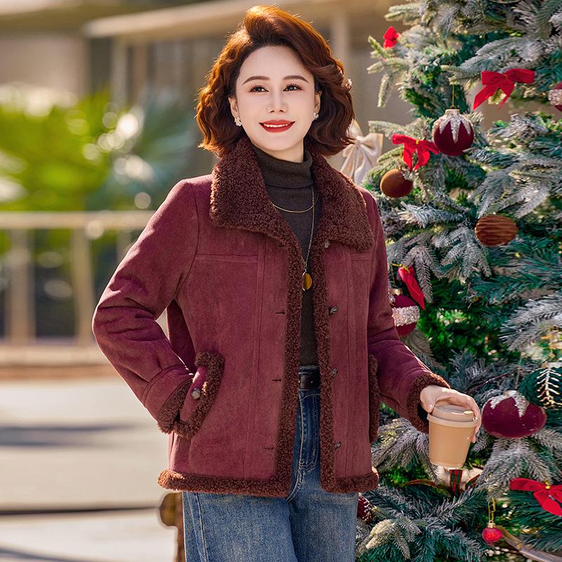 

Mom s Fleece-Lined Winter Jacket with Fur Lapel - Stylish Wool Coat for Mid-Aged & Elderly Women 4XL [135-150 lbs] красный
