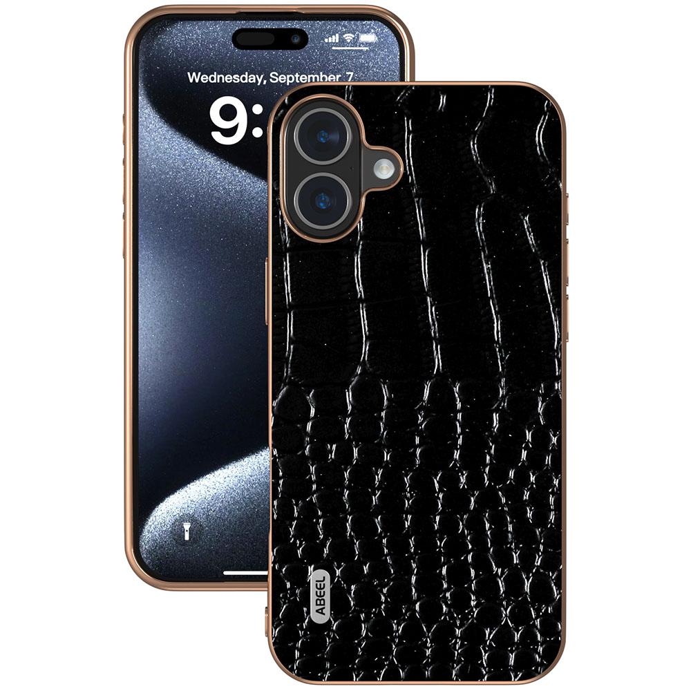 ABEEL For iPhone 16 Plus Case Electroplating Edge Crocodile Texture Genuine Cow Leather Back Phone Cover