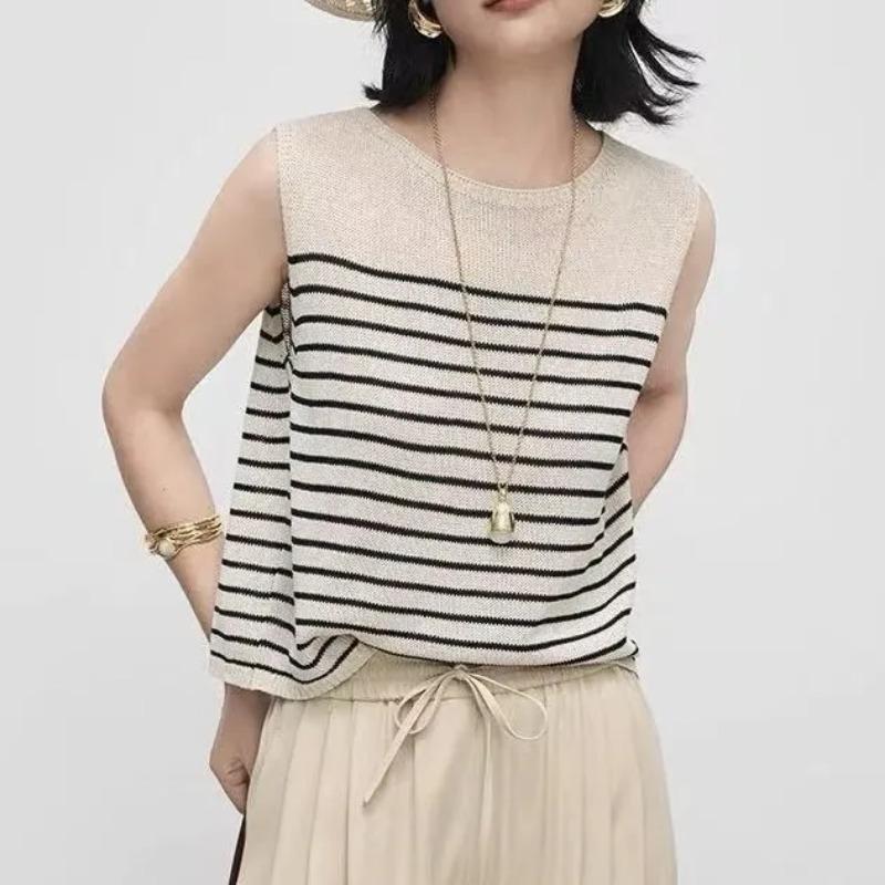 Women Stripe Crew Neck Sleeveless Knit Vest Top S