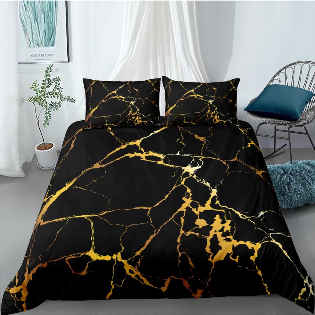 Conjunto de Cama de Luxo Mármore Branco e Dourado Tamanho Casal King Simples Marmorizado Conjunto de Capa de Edredom com Fronha Decoração Moderna para Quarto Conjunto de Cama