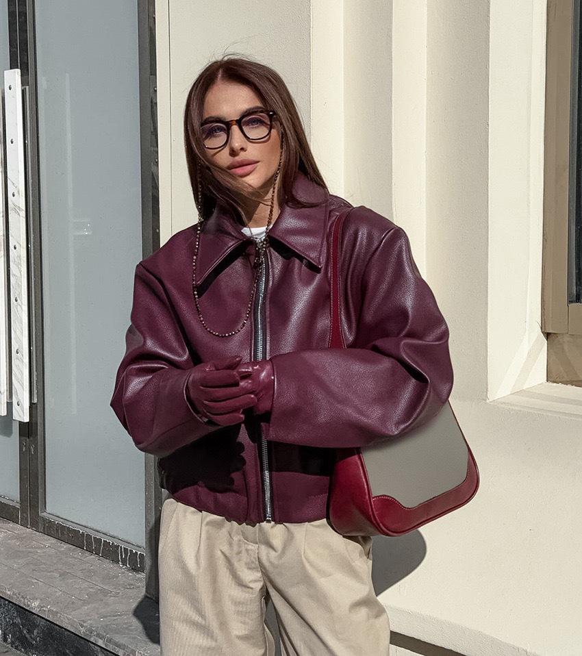 Women's Retro Burgundy Leather Motorcycle Jacket, 2024 Autumn European & American Fashion Matte Coat
