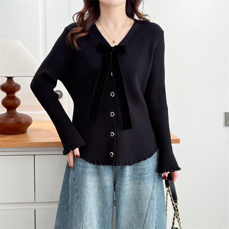 2026 Spring Plus Size Women's Knit Bow Cardigan - V-Neck Long Sleeve Coco Style Jacket
