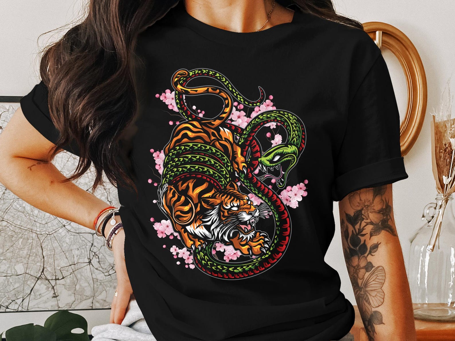 Japanese Tiger and Snake T-Shirt, Cherry Blossom Graphic Tee, Unique Japanese Art, Tattoo Style Shirt, Animal Art T-Shirt L