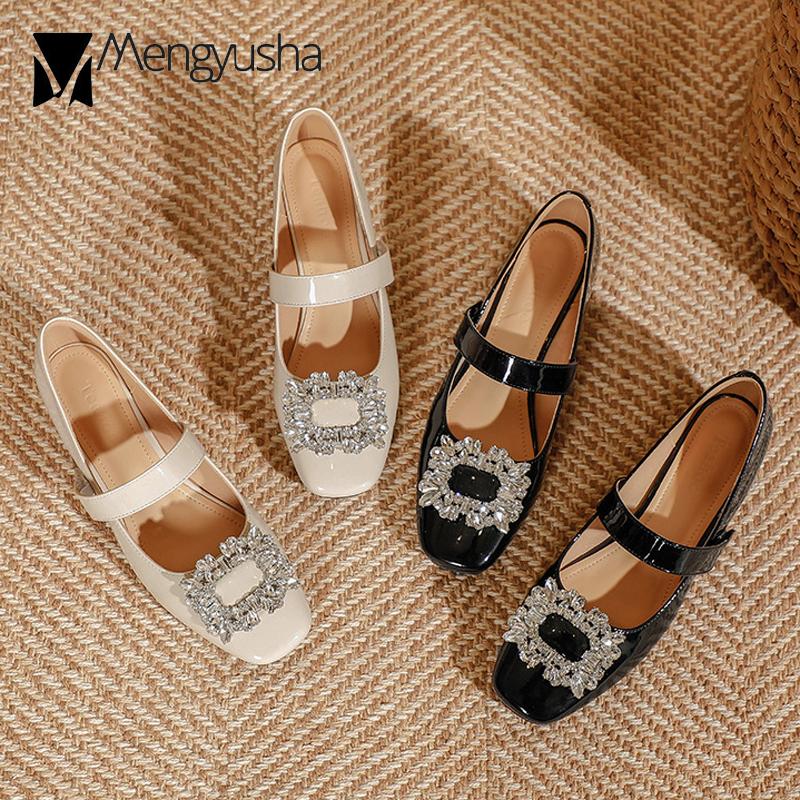 Fashion Brand Crystal Buckle High Heels Women Chunky Heel Mary Jean Pumps Leather Belt Strap Lolita Shoes Retro Ladies All Match Loafers