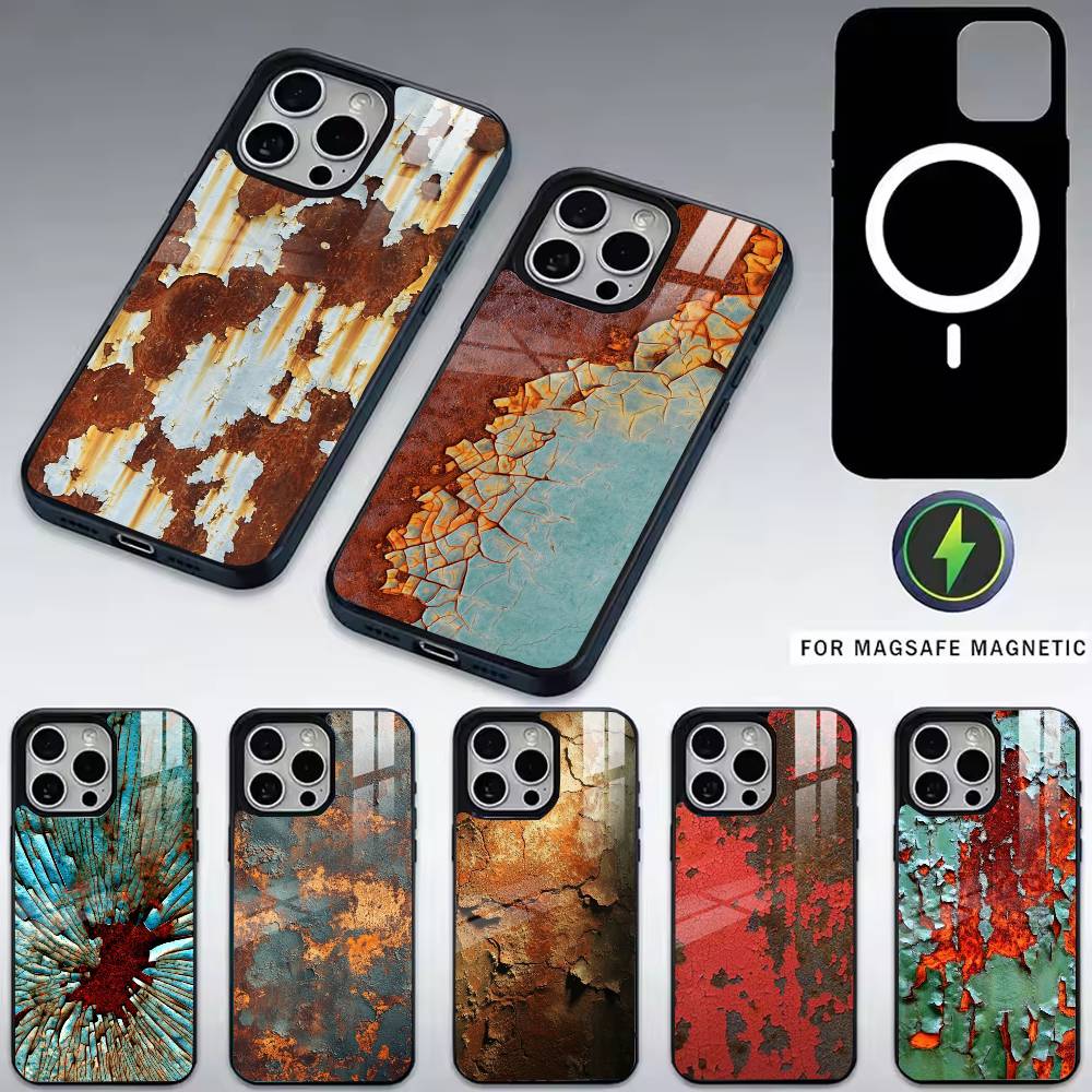 Retro Rost D-Design Handyhülle für iPhone 17, 16, 15, 14, 13, 12, 11 Plus, Pro Magnetisch mit Magsafe Kabelloses Laden