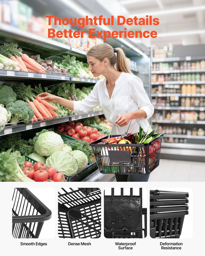 Shopping Baskets, 12 PCS, 21L Stackable PE Plastic Grocery Baskets with Handles, Dense Mesh Structure, Holds up to 9.07kg, Portable for Grocery,