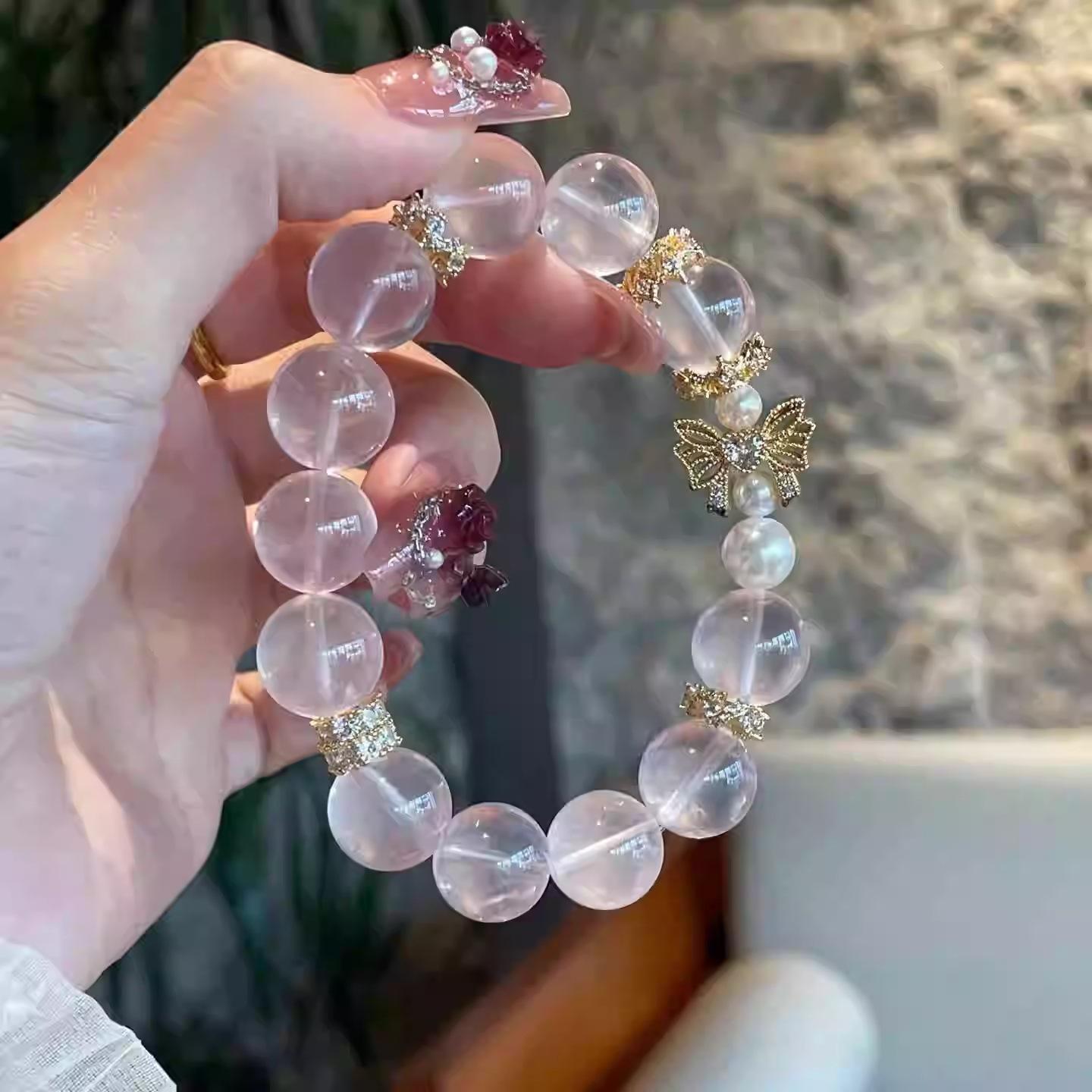 

Natural pink crystal ghost bracelet with shell beads, a lucky charm for good fortune, fairy bracelet gift Mo Fen/Shell pearls