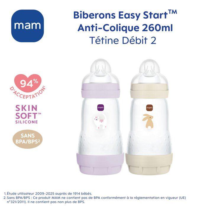 Lot de 2 Biberons - MAM - Easy Start / Anti-Colique - 260 ml - Tétine Débit 2 - Lilas + Sable