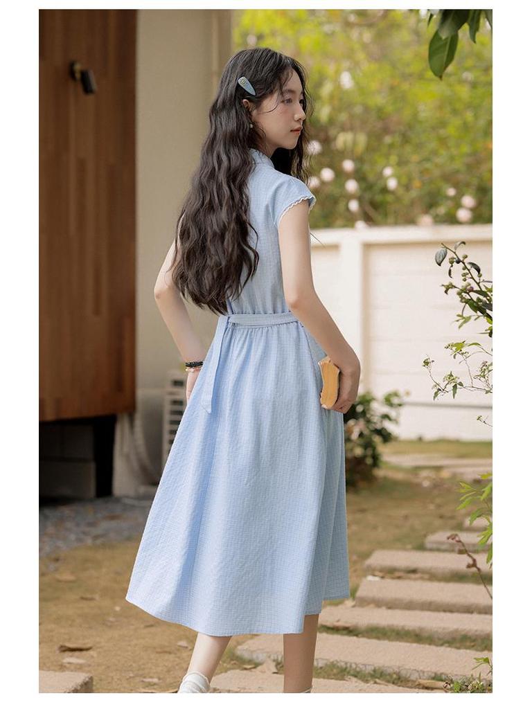 **2025 Summer Blue Plaid Sleeveless Polo Collar Slim Waist Vest Dress**