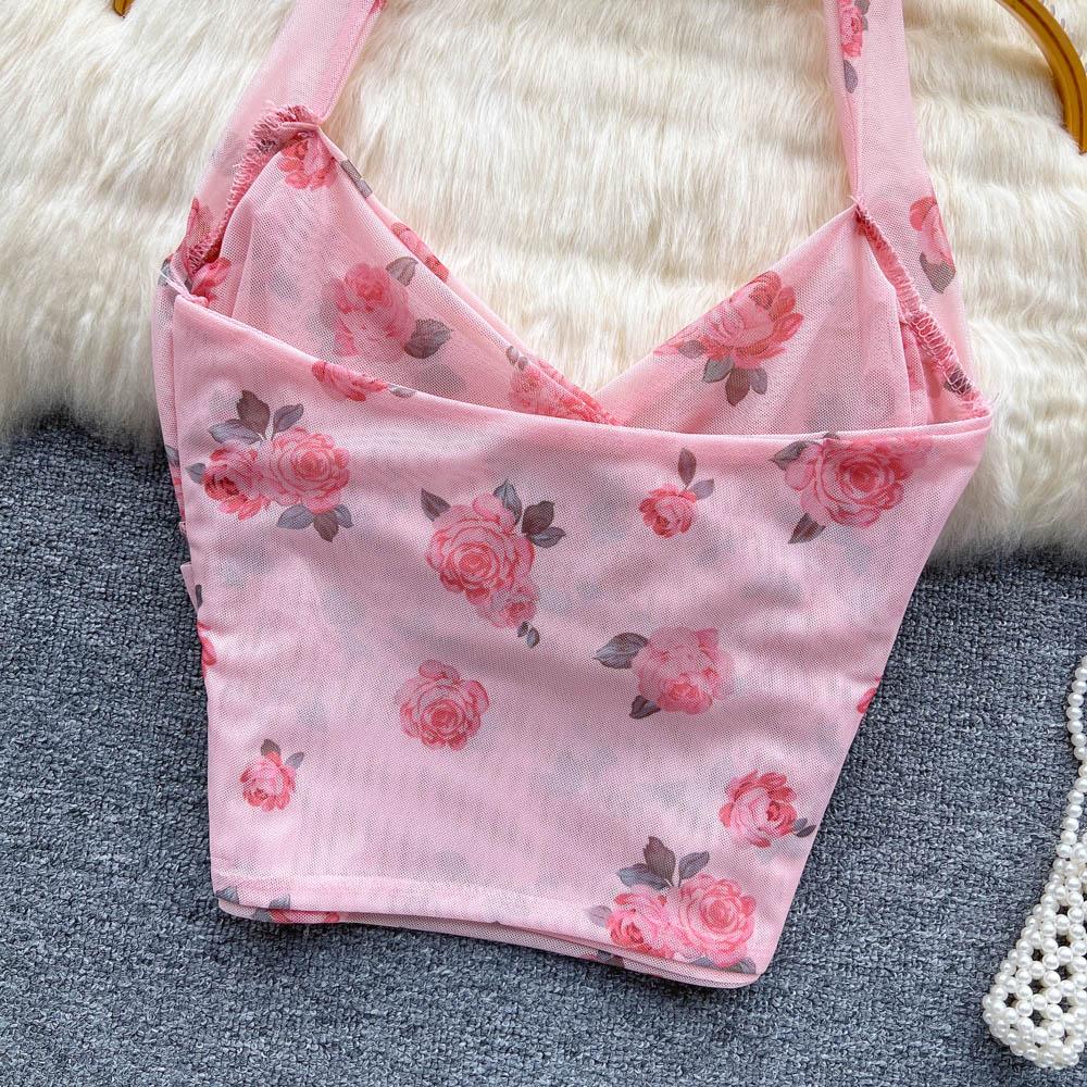 Dámske Sladké Šifónové Potlačené Camis Letné Halter Bez Chrbta Sieťované Tank Topy Vintage Bez Rukávov Štíhle Dobby Základy Crop Top Y2k