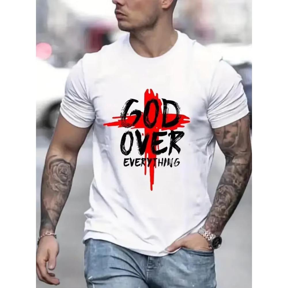 "God Over Everything" Graphic Print Men's Creative Top Casual Slightly Stretch Short Sleeve Crew Neck T-shirt Men's Tee  Outdoor