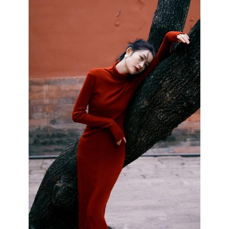 

Red turtleneck knitted dress autumn and winter dress long dress temperament advanced sense slim coat with long dress inside S бордовый