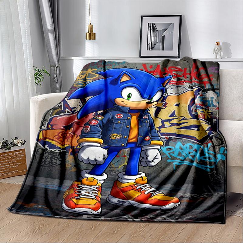 Fashion S-Sonic Cartoon Game Flannel Blanket Soft Warm Throw Blanket for Bedroom Living Room Bed Travel Camping Picnic Kid Gift