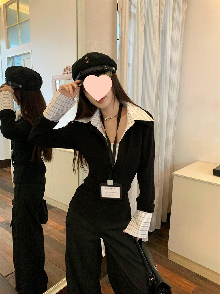 Damen Stricktop zur Taillenformung - Umlegekragen, Langarm, Fake-Zweiteiler-Design