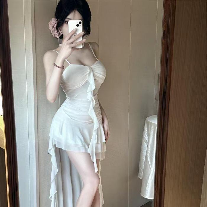 

French ruffle edge splicing suspender dress slim and thin irregular skirt seaside beach dress new S