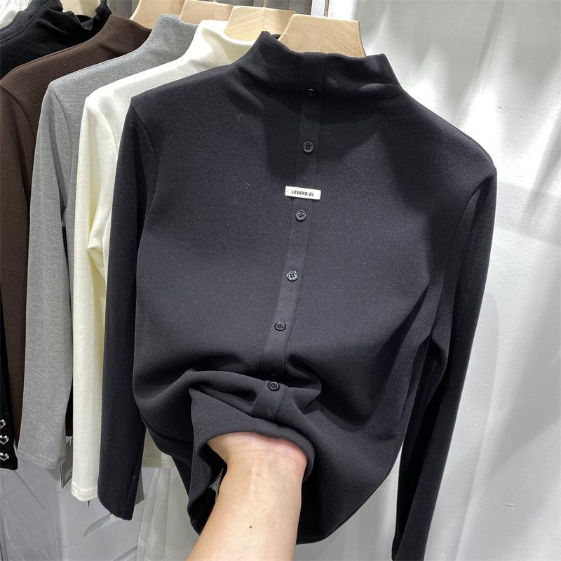 Half Turtleneck Base Blouse for Women In Autumn and Winter Double-sided Fur Plush Thickened Medium Collar Long Sleeve T-style Top