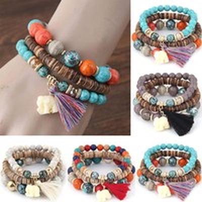 Nové Dámské Módní Náramky Náramky z dřevěných korálků Boho Malé Náramky Sloní Přívěsek Sada Šperků ve stylu Vintage