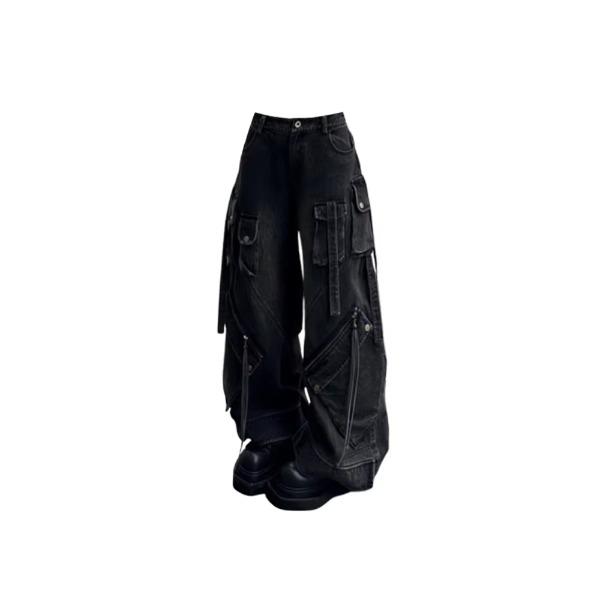 Dámské černé gotické volné cargo džíny Harajuku Oversize džínové kalhoty Y2K 90S Vintage Emo kalhoty Trashy oblečení