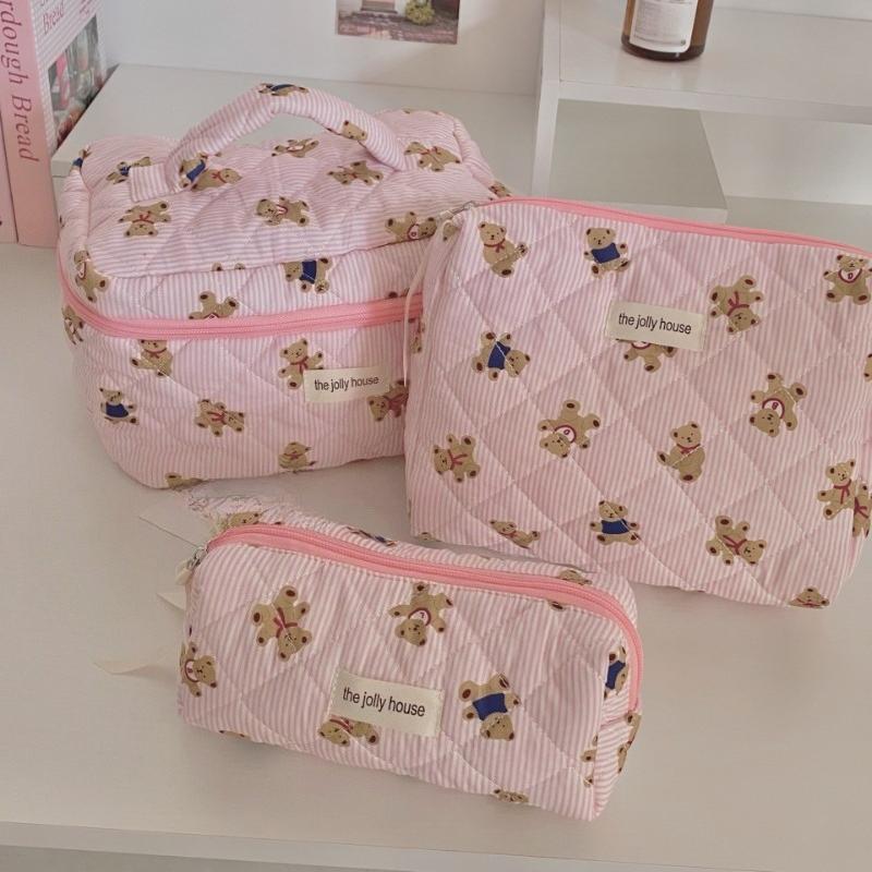 Cute Bow Cotton Cloth Makeup Bag Women Zipper Cosmetic Organizer Female Handbag Box Shape Portable Toiletry Case for Girls