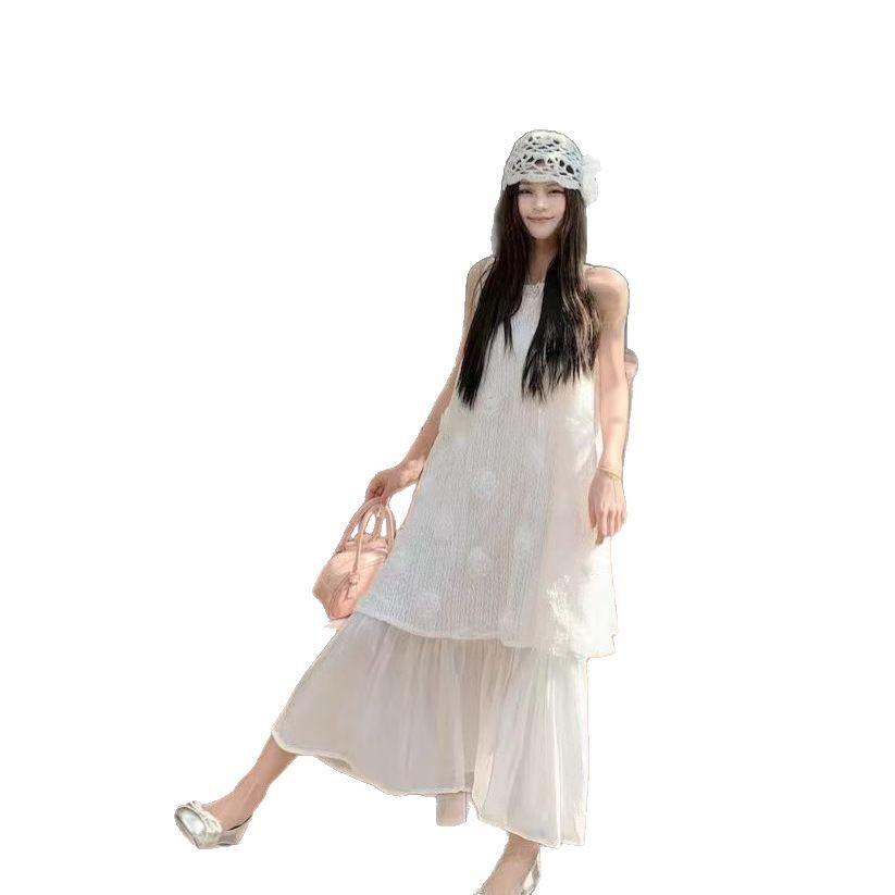 Pink three-dimensional flower sleeveless vest dress Sanya seaside vacation long dress temperament fake two-piece skirt women's summer
