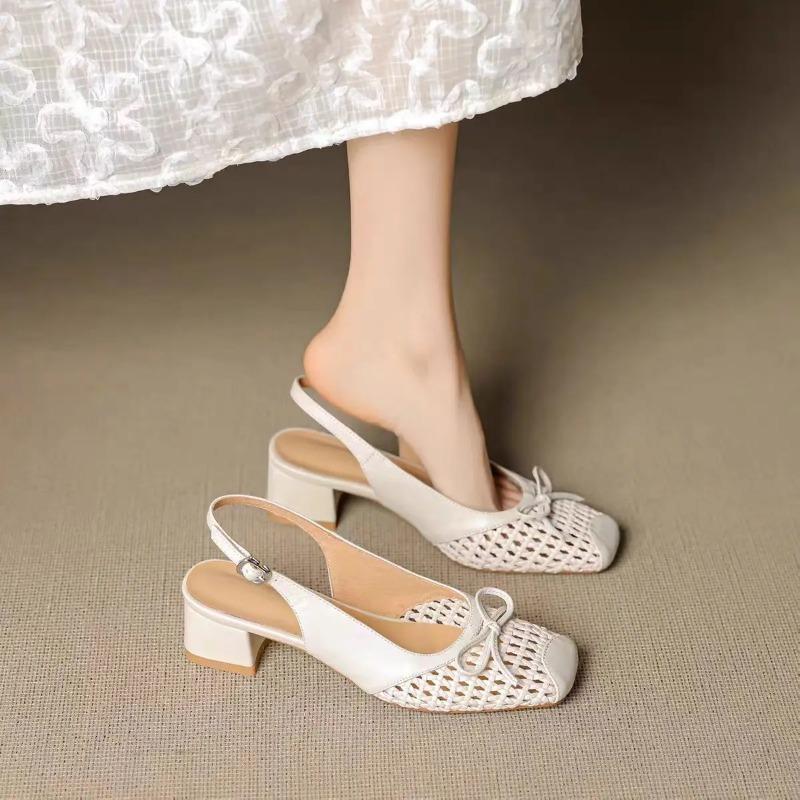 Retro Square Toe Woven High Heeled Sandals Summer Fashionable Breathable Single Buckle Thick Heeled Women's Shoes