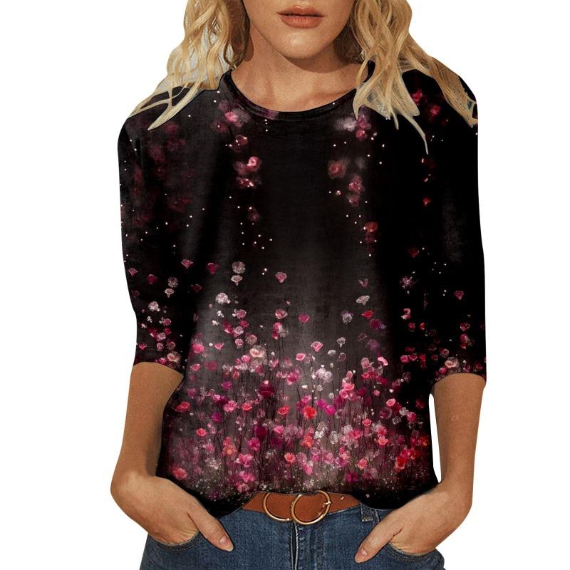 Women's T-shirt 3d Print Vintage Floral Print Casual Long Sleeve Round Neck Regular Tops Daily Print Pink, Spring and Autumn