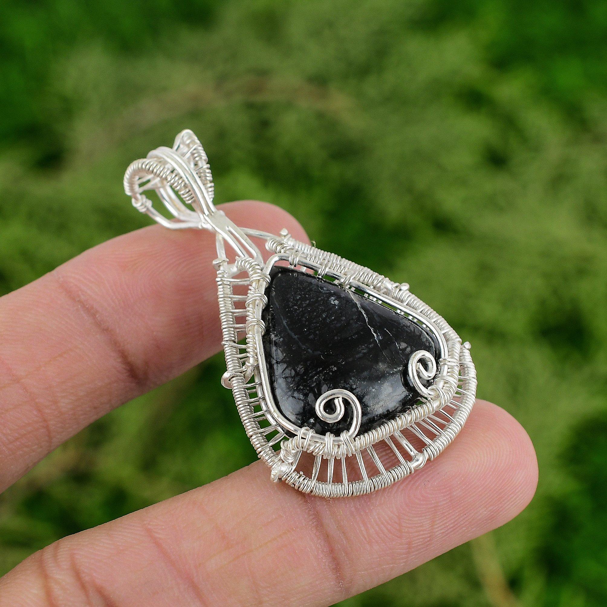 

Daughters Day Deal Picasso Jasper Gemstone 925 Silver Boho Wire Wrapping Pendant