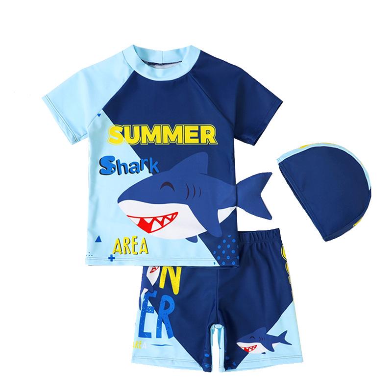 New Cute Shark Toddler Boys' Swimsuit Set with Quick-Dry Shorts, Short Sleeves, Sunscreen, and Swim Cap
