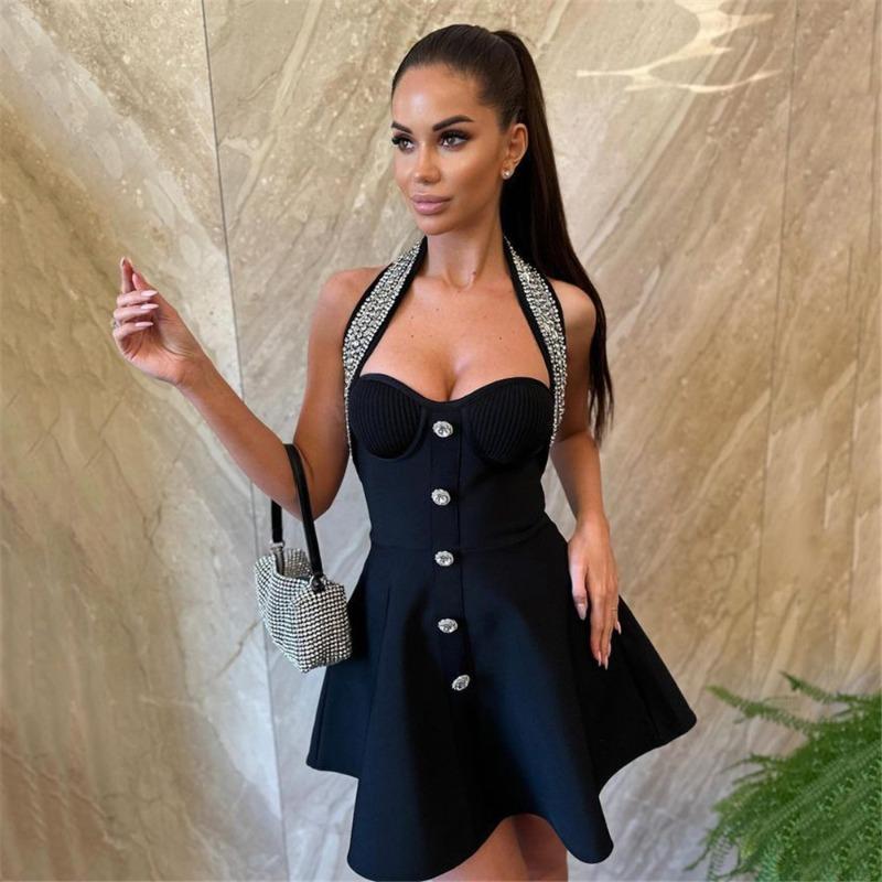 New bandage dress sexy neck wrap evening dress heavy industry nail drill skirt party