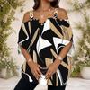 Women Plus Size Cold Shoulder Double Strap Short Sleeve Top Tie Dye Striped V Neck Blouse