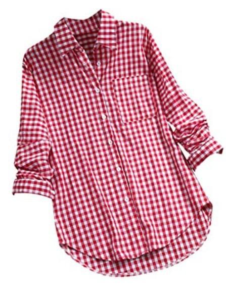 Ladies Spring Plaid Shirt Loose Lapel Long-sleeved Retro Button Shirt M красный
