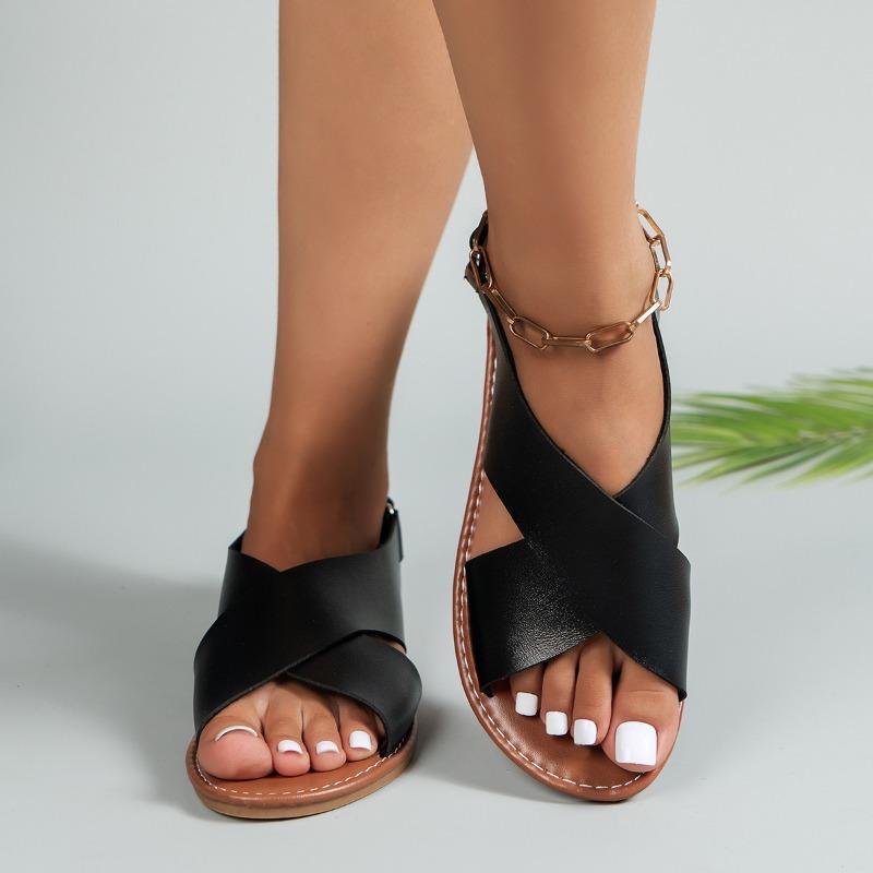 Women's Flat Sandals Lightweight Pu Leather Casual Sandals Summer Peep Toe Beach Sandals for Women Roman Sandal Sandalias Mujer