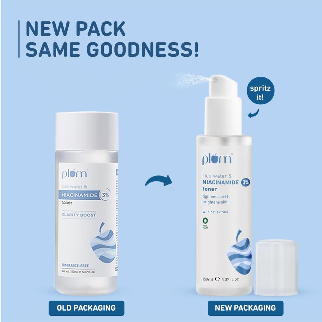 Plum 3% Niacinamid & Reiswasser Gesichtswasser 150 ml 2er-Pack | Alkoholfrei, Aufhellend, Glättend für die Haut