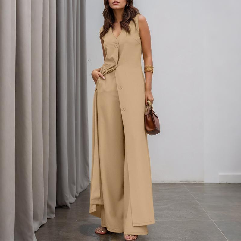 

ZANZEA Женский длинный жилет без рукавов и брюки повседневный комплект из двух частей 2XL хаки