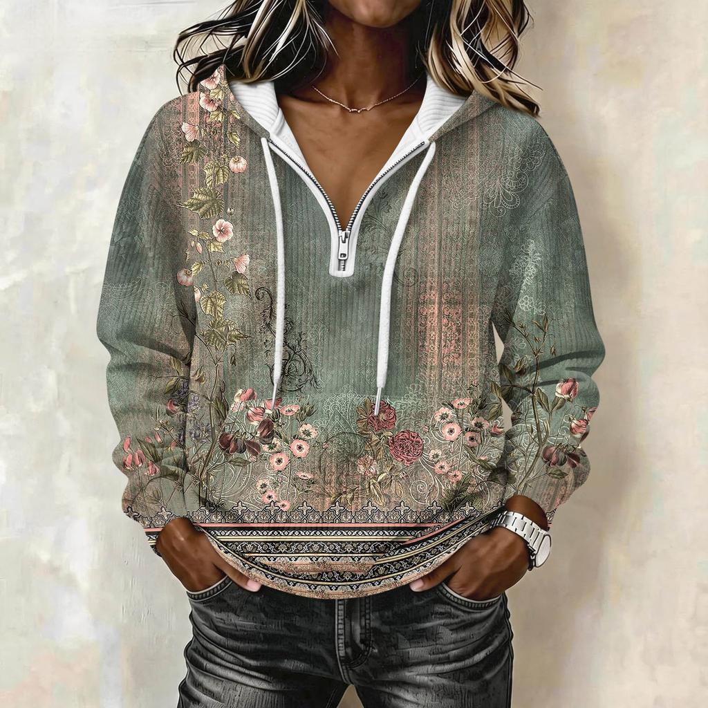 Felpa con Cappuccio Stampa Vintage da Donna a Manica Lunga - Felpa Casual