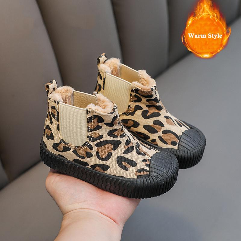 

Children High-top Canvas Shoes Baby Cute Cookies Boots Girls Leopard Print Short Boots Boys Warm Army Green Cotton Shoes 26