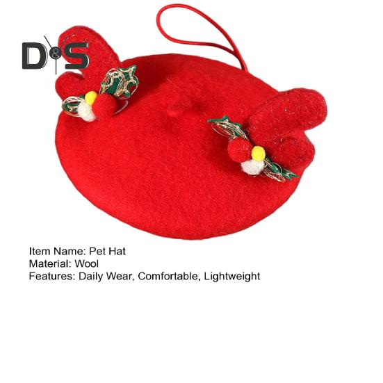Wool Pet Beret Hat Christmas Red Cat Hat with Bow Antler Accessories Warm Winter Holiday Costume for Daily Dressing Up Photography Outdoor Travel