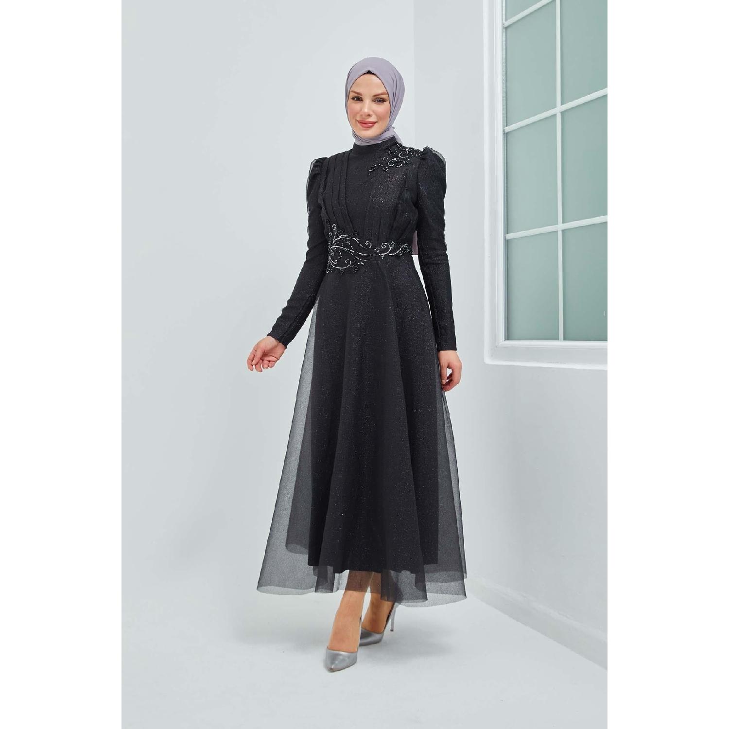 

Вечернее платье в стиле хиджаб с люрексом и тюлевой тканью с каменной вышивкой