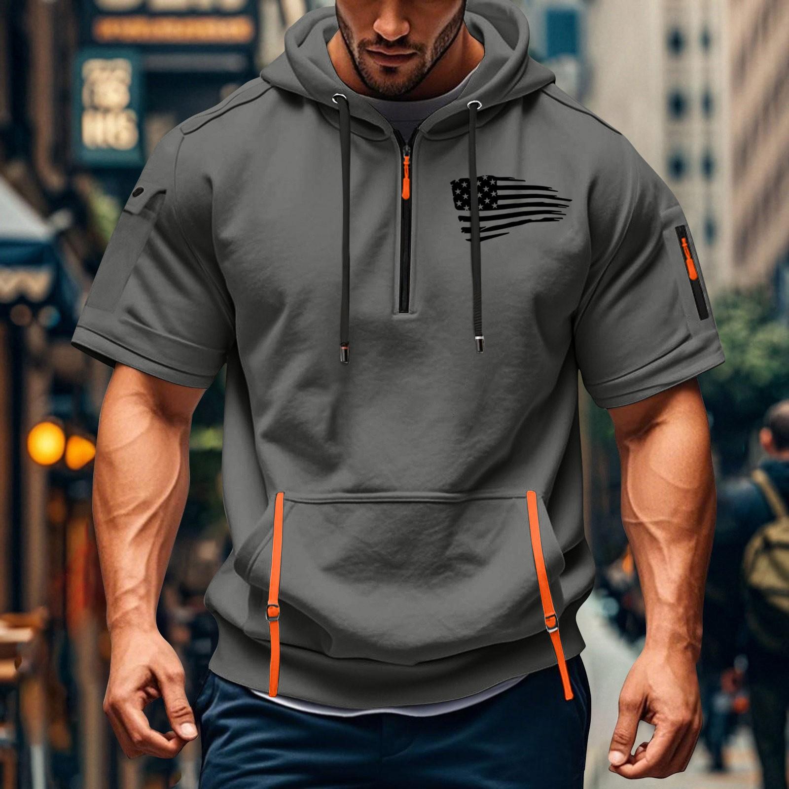 

Мужская летняя рубашка с принтом, карманом на молнии, коротким рукавом, капюшоном, мужская спортивная повседневная толстовка большого размера XXL