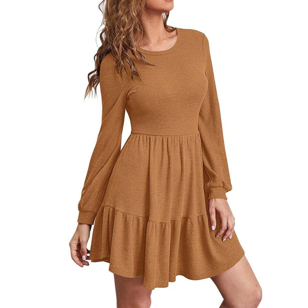 

Women s Autumn/winter Fashion Temperament Round Neck Long Sleeve Stratified Solid Color Dress S коричневий