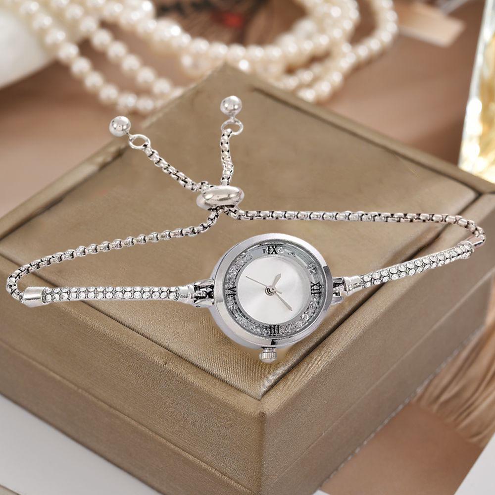 Elegant Petite Quicksand Water Diamond Bracelet Watch with Bangle, Perfect for College Students