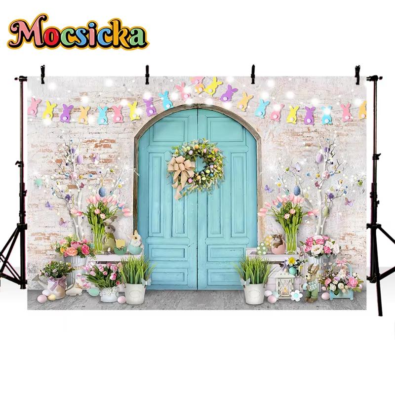 Mocsicka Easter Background Spring Flowers Meadow Eggs Rabbit Decoration Home Party Kid Photo Studio Photography Props
