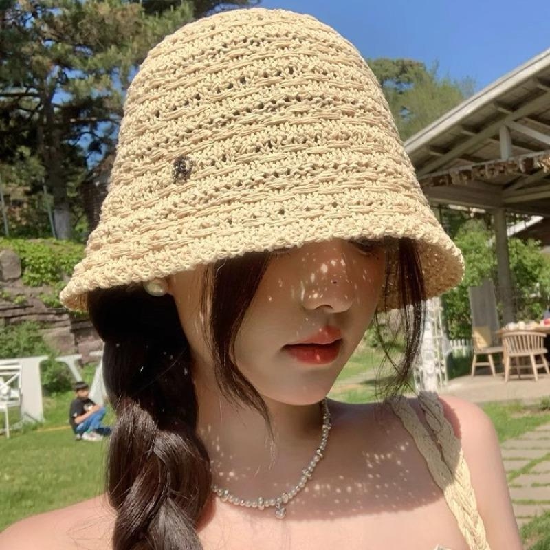Straw hat women's new summer models show face small seaside bucket hat sunshade versatile bucket hat outing basin hat